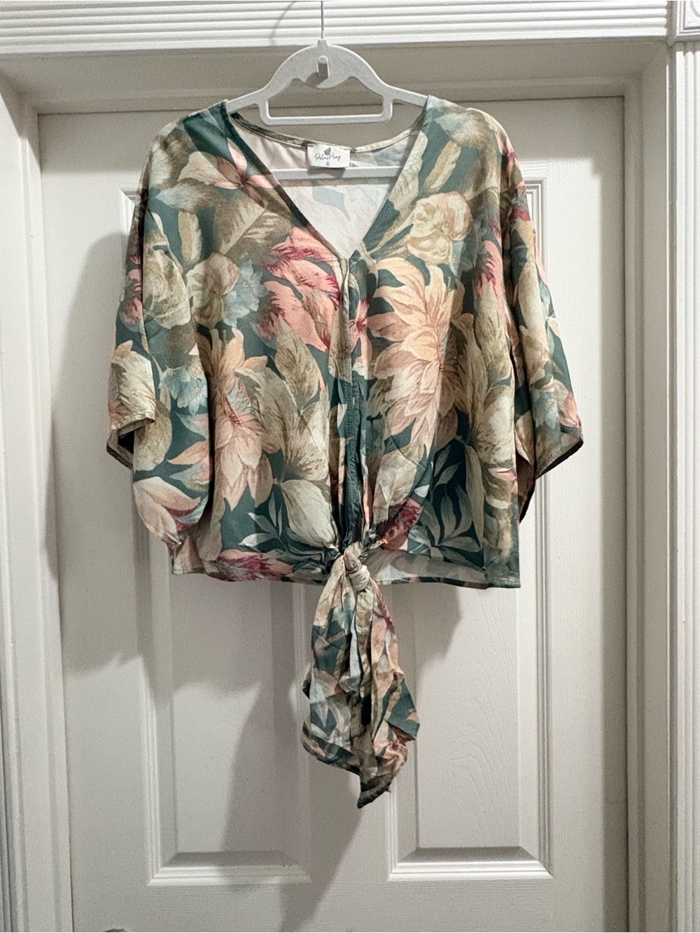 Palms Away Floral Tropical Front Tie Kimono Blouse Green Pink Size Small